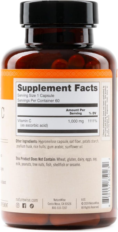 NatureWise Vitamin C 1000mg Capsules - Extra Strength Vegan Vitamin C for Daily Antioxidant & Immune Support - Non-GMO, USA Manufactured - 60 Capsules[60-Day Supply]