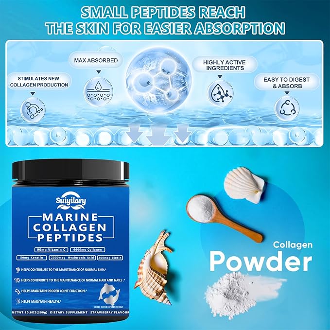 Collagen Peptides Powder for Women, Multi Marine Hydrolyzed for Healthy Hair, Skin, Nails with Hyaluronic Acid, Biotin, Vitamin C, 30 Servings (10.6 OZ, Strawberry)