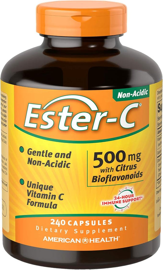 American Health 500 mg with Citrus Bioflavonoids Capsules Gentle On Stomach NonAcidic Vitamin C NonGMO Gluten Free 120 Servings, Ester-C, 240 Count