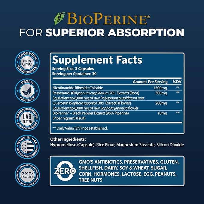 13,510mg NAD+ Supplement- Nicotinamide Riboside, Resveratrol, Quercetin & BioPerine® (High Absorption)- Natural NAD Booster for Anti-Aging, Cellular Energy, Skin- For Women & Men- 90 V Capsules