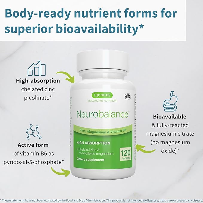 Igennus Neurobalance High Absorption Zinc Magnesium & B6 Complex, Cognitive Support, Focus & Recovery, 24mg Chelated Zinc Picolinate, Oxide-Free Magnesium, Vegan, Non-GMO, 120 Tablets