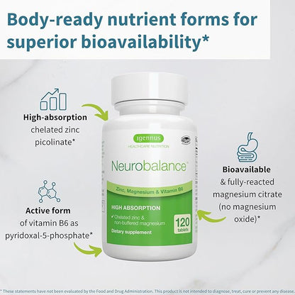 Igennus Neurobalance High Absorption Zinc Magnesium & B6 Complex, Cognitive Support, Focus & Recovery, 24mg Chelated Zinc Picolinate, Oxide-Free Magnesium, Vegan, Non-GMO, 120 Tablets