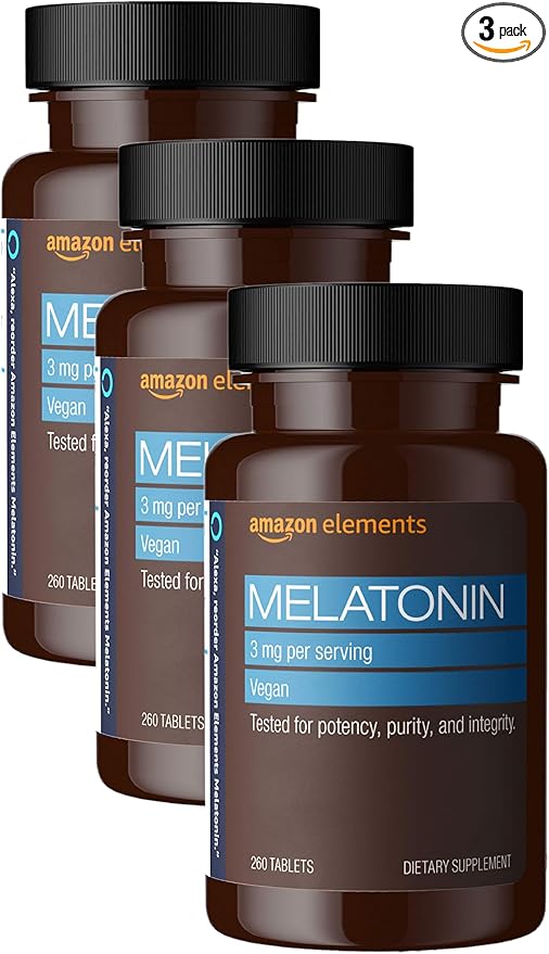 Amazon Elements Melatonin 3mg, Helps with Occasional sleeplessness, Vegan, Unflavored, 260 Tablets, 8 Month Supply (Packaging May Vary) (Pack of 3)