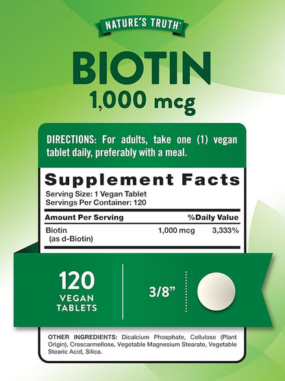 Nature's Truth Biotin 1000mcg | 120 Tablets | Vegan, Non-GMO, Gluten Free Supplement