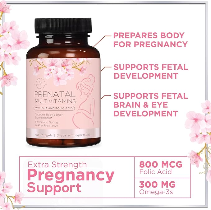 Women's Prenatal Multivitamin with Folic Acid + DHA, Essential Prenatal Vitamins with Folate, Omega 3, Vitamin D3, B6, B12 & Iron, Pregnancy Support Supplement for Mom and Baby - 60 Softgels