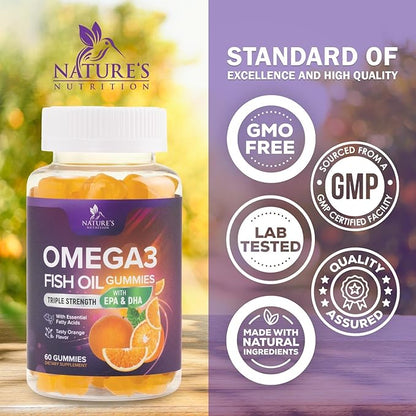 Omega-3 Gummies, Fish Oil Gummies for Adults & Kids, Omega-3 Gummy Vitamins, EPA & DHA Fish Oil Fatty Acids Gummy Supplement, Nature's Supplements for Joint, Heart Health, & Brain Support - 60 Count