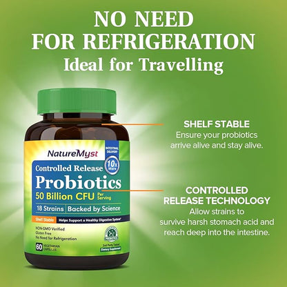 Probiotics 50 Billion per Serving, 18 Probiotic Strains, 60 Veggie Capsules - Non-GMO, Gluten Free
