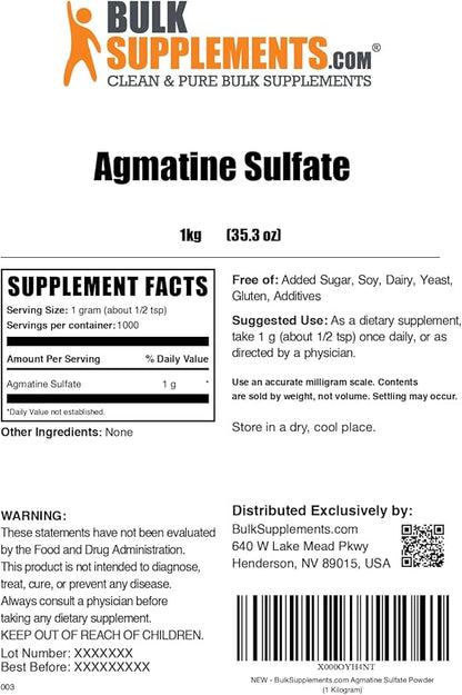 BulkSupplements.com Agmatine Sulfate Powder - Nitric Oxide Supplement - Unflavored & Gluten Free, 1g per Serving, 1kg (2.2 lbs) (Pack of 1)