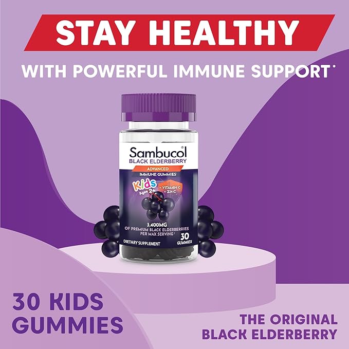 Sambucol Black Elderberry Gummies for Kids - Elderberry Kids Gummies, Kids Elderberry Gummies with Zinc and Vitamin C, Elderberry for Kids - 30 Count