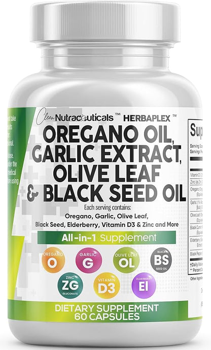 Clean Nutra Oregano Oil with Black Seed Oil Garlic Olive Leaf Extract - Oil of Oregano Capsules Immune Support Carvacrol & Thymoquinone Supplement for Women and Men + Elderberry Vitamin D3 & Zinc