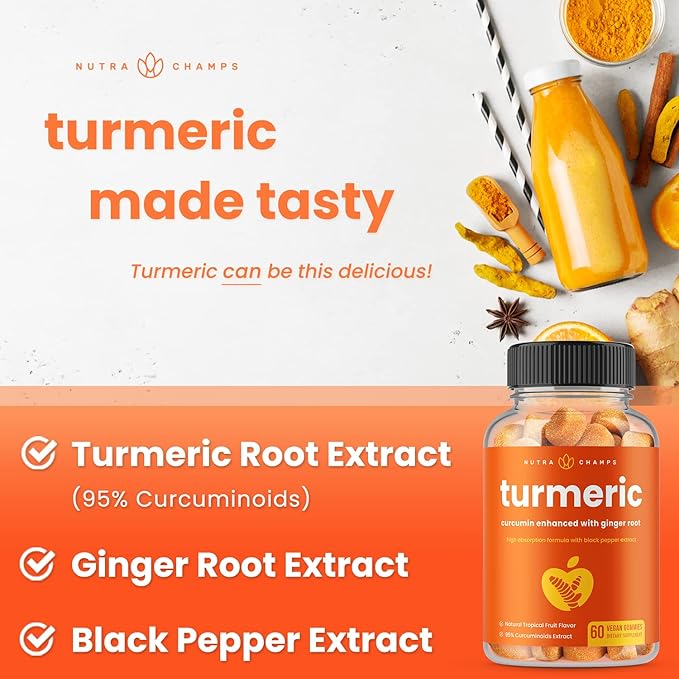 NutraChamps Turmeric Gummies for Adults & Kids with Ginger & Black Pepper Extract, 95% Curcuminoids, Vegan Natural Curcumin Joint Support Supplement, Tumeric Gummy Supplements