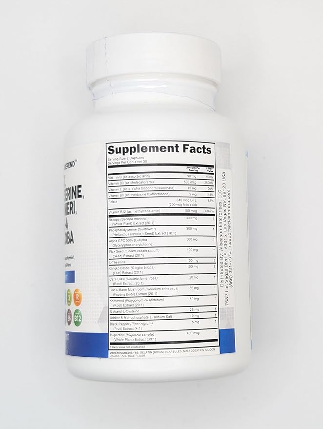 Clean Nutraceuticals Alpha GPC Choline Phosphatidylserine Bacopa Monnieri Ginkgo Biloba Huperzine A Supplement with Urdine Lions Mane Cats Claw NAC Vitamin C B D E