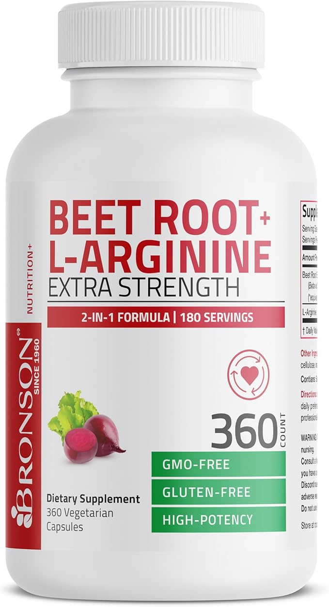 Bronson Beet Root + L-Arginine Nitric Oxide Production - Non-GMO, 360 Vegetarian Capsules