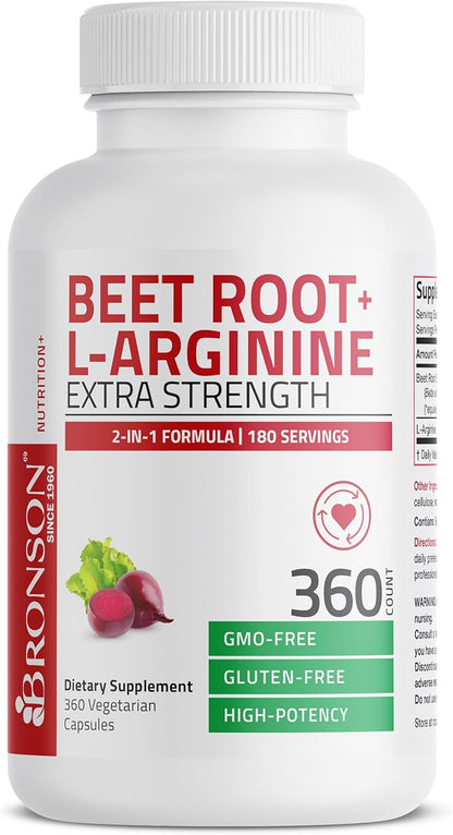 Bronson Beet Root + L-Arginine Nitric Oxide Production - Non-GMO, 360 Vegetarian Capsules