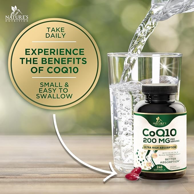 CoQ10 200mg Softgels - Better Absorption, Antioxidant for Heart Health & Cellular Energy Support - Nature's Co Q10 Vitamins, Non-GMO & Gluten Free, Coenzyme Q10 Supplement - 240 Softgels