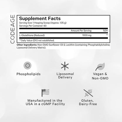 Codeage Liposomal Glutathione Powder - 1,000 mg L-Glutathione per Serving, Liposomal Delivery - 2-Month Supply - Vegan Reduced L-Glutathione - Unflavored - Phospholipid - Non-GMO Gluten-Free - 2.22 Oz