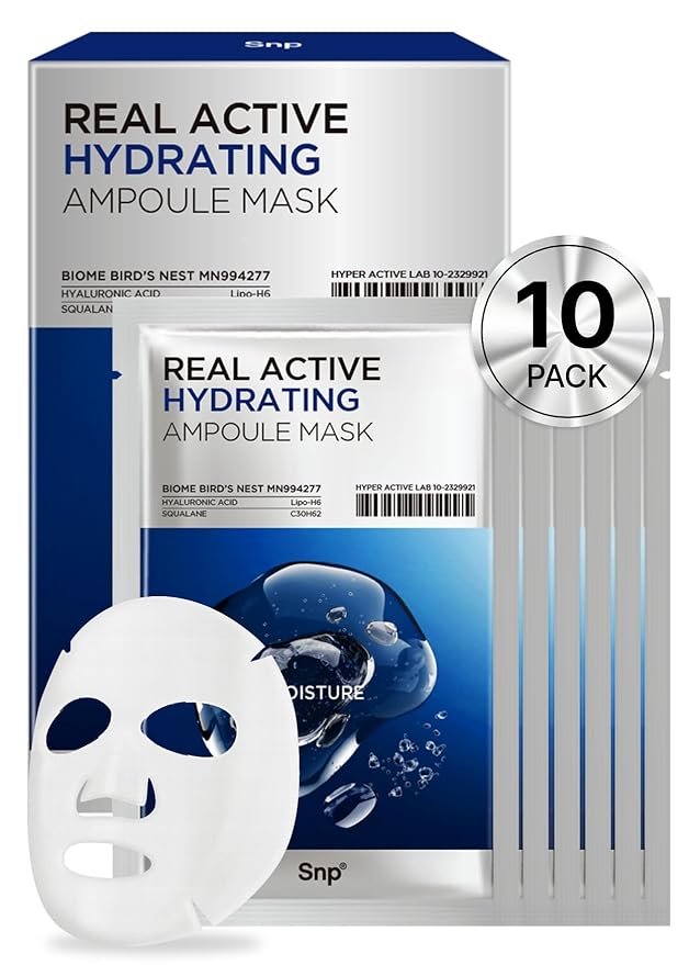 [K Beauty] Real Active Hydrating Ampoule Sheet Mask | Moisturizing and Nourishing for All Skin Types | Vegan Sheet Masks with Hyaluronic Acid | Korean Face Masks Skincare | Facial Mask | 10 Sheets