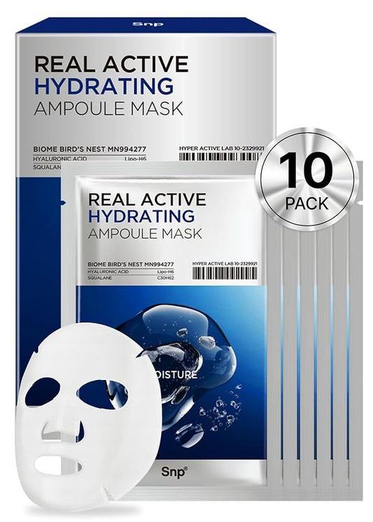 [K Beauty] Real Active Hydrating Ampoule Sheet Mask | Moisturizing and Nourishing for All Skin Types | Vegan Sheet Masks with Hyaluronic Acid | Korean Face Masks Skincare | Facial Mask | 10 Sheets