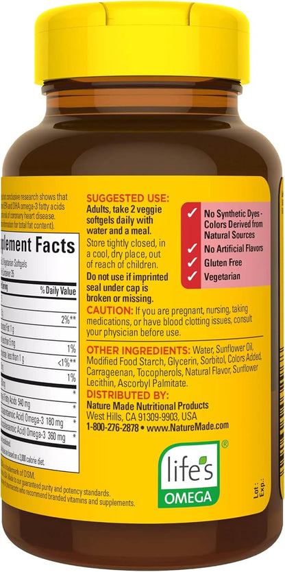 Nature Made Algae Oil Omega 3 Supplement 540mg, Omega 3 Fish Oil Alternative, 70 Veggie Softgels, Sustainable, Plant-Based, for Healthy Heart, Brain, and Eye Support, 70 Softgels