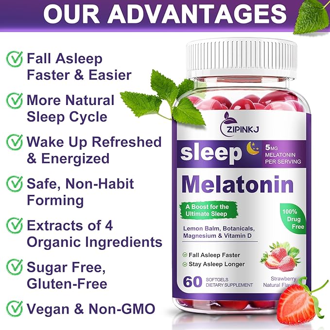 Sleep Support Supplement Softgels, Sleep Aids for Adults, Sleep Supplement with Melatonin 5mg, Vitamin D2, Magnesium, and Lemon Balm, Strawberry Extract, Gluten-Free, Vegan & Non-GMO, 60 Count