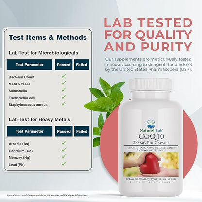 Nature's Lab CoQ10 200mg Nutritional Supplement - Supports Heart, Nerve & Muscle Health* - 60 Count (2 Month Supply)
