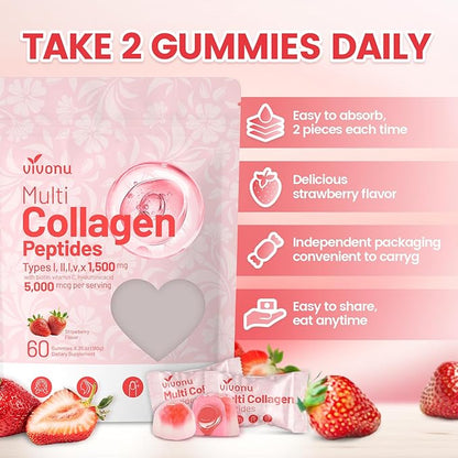 Multi Collagen Peptides Gummies for Women & Men Sugar-Free, Multi Collagen Hydrolyzed Protein Type I,II,III,V,X, Biotin, Methylated B12, Vitamin C A E D3 B6 for Skin Hair Nails, Bone