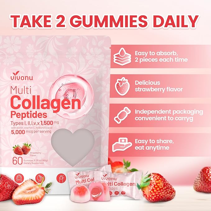 Women & Men Multi Collagen Peptides Gummies Sugar-Free, Multi Collagen Hydrolyzed Protein Type I,II,III,V,X, Biotin, Methylated B12, Vitamin C A E D3 B6 for Skin Hair Nails, Bone