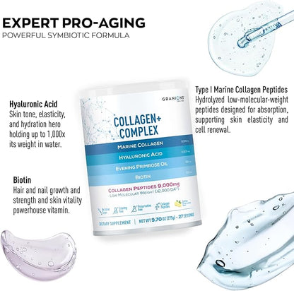 Marine Collagen Powder Supplement - Type I Hydrolyzed Marine Collagen Peptides, Protein, Biotin, Hyaluronic Acid, Vitamin C, Vital Antioxidants Complex - Skin Supplements for Women - Lemon, 9.7oz