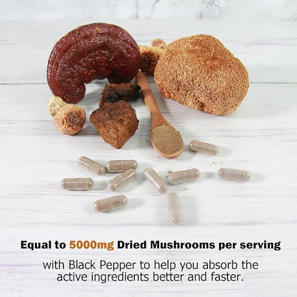 14 Mushrooms Supplement 120 Capsules - Immune System Booster & Nootropic Brain Supplement – with Lion’s Mane, Reishi, Maitake, Turkey Tail, Chaga Complex – Black Pepper for Absorption, 30% Beta-Glucan
