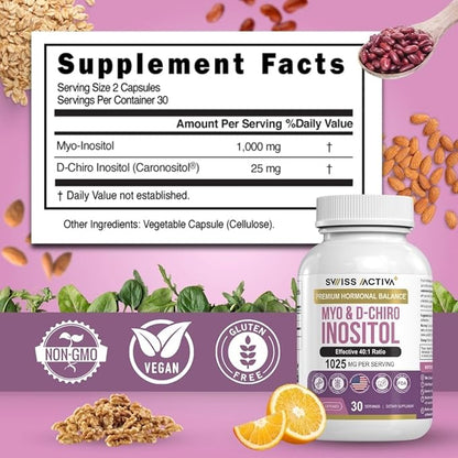 Swiss Activa+ Myo Inositol Supplement & D-Chiro Inositol Supplement - Premium Hormone Balance for Women & PCOS Supplements - Regulate Menstrual Cycle - Ovarian Support - 30 Days Supply
