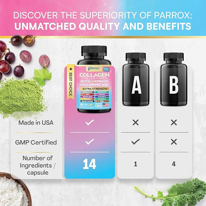 Collagen Peptides Types I, II, III, V & X, MCG Biotin, Keratin, Hyaluronic Acid, MSM, Zinc, Grape Seed Extract, Quercetin, Vitamin A, Vitamin C, Vitamin E, Magnesium, Folic Acid (90 Capsules)