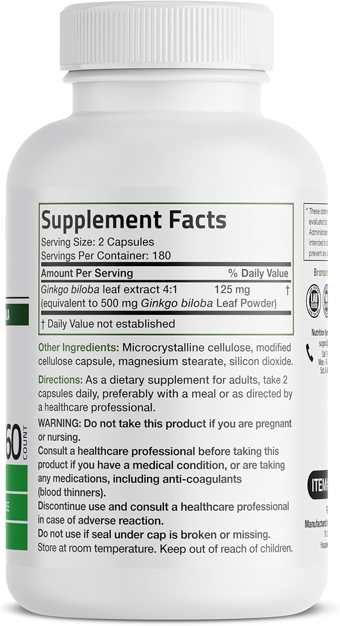 Bronson Ginkgo Biloba Extra Strength Supports Brain Function & Memory Support, 360 Vegetarian Capsules