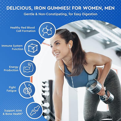 Iron Gummies with Zinc, Calcium, Vitamin C, B6 & B12 | Iron Supplement for Women, Men & Kids | Supports Anemia & Deficiency, Blood Builder & Cell Formation | Chewable Mixed Berry Flavor, 60 Gummies