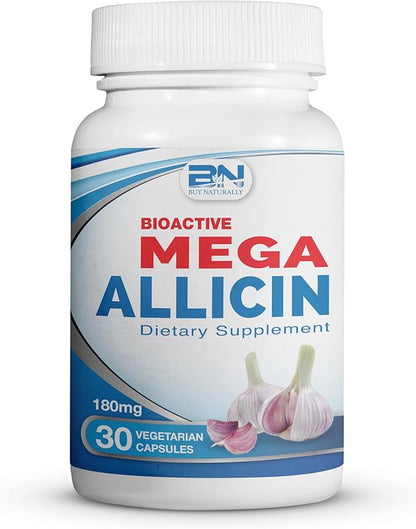 100% Pure Stabilized Allicin from Garlic Odor-Controlled | 180,000mcg (180mg) Vegetarian (vCAPS) Non-GMO, Gluten-Free | Derived from Allium Sativum by BuyNatrally (30 Count)