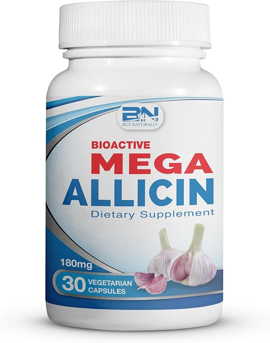 100% Pure Stabilized Allicin from Garlic Odor-Controlled | 180,000mcg (180mg) Vegetarian (vCAPS) Non-GMO, Gluten-Free | Derived from Allium Sativum by BuyNatrally (30 Count)
