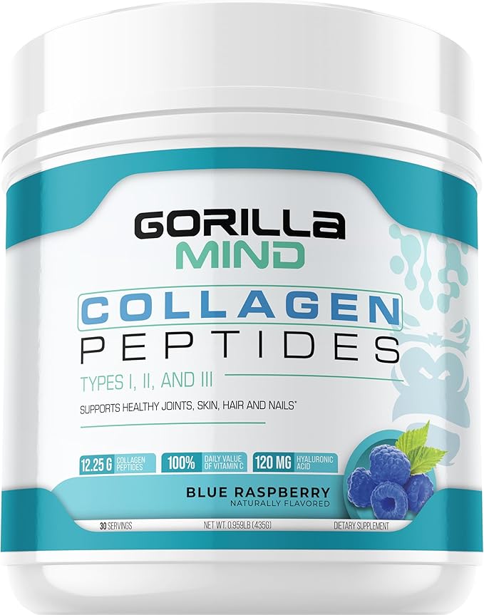 Gorilla Mind Collagen Peptides Powder - Joint & Bone Health/Great for Hair, Skin & Nails/Sleep Support/Types I, II, III/Mix in Water, Juice or a Smoothie - 435g (Blue Raspberry)