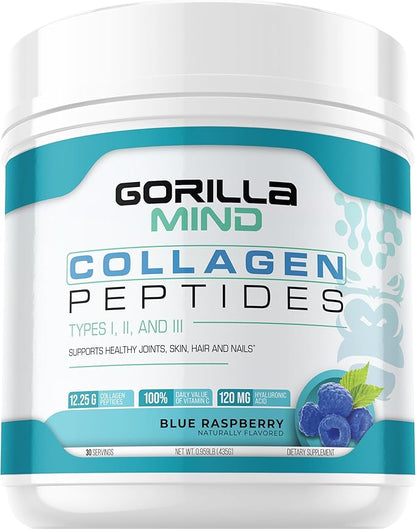 Gorilla Mind Collagen Peptides Powder - Joint & Bone Health/Great for Hair, Skin & Nails/Sleep Support/Types I, II, III/Mix in Water, Juice or a Smoothie - 435g (Blue Raspberry)
