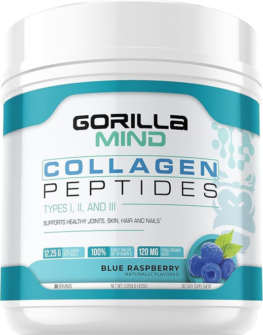 Gorilla Mind Collagen Peptides Powder - Joint & Bone Health/Great for Hair, Skin & Nails/Sleep Support/Types I, II, III/Mix in Water, Juice or a Smoothie - 435g (Blue Raspberry)