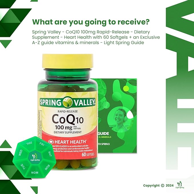 Rapid-Release CoQ10 100 mg, 60 Softgels with Bundle Exclusive Vitamins & Minerals - A to Z - Better Ligth&Spring Guide + Weekly Pill Organizer (3 Items)