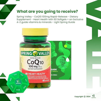 Rapid-Release CoQ10 100 mg, 60 Softgels with Bundle Exclusive Vitamins & Minerals - A to Z - Better Ligth&Spring Guide + Weekly Pill Organizer (3 Items)