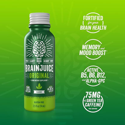 BrainJuice Brain Support Shot, Gluten Free Supplement Shots for Energy & Focus, Healthy Drinks with Alpha GPC, Vitamin B & Organic Green Tea Extract Caffeine, Classic, 2.5 fl oz, 12 Pack