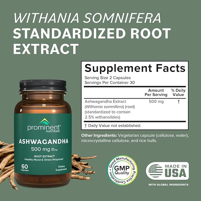 Prominent Nutrition Ashwagandha Supplement - Clinically Researched Shagandha® Root Extract for Healthy Mood & Stress Support, Standardized to 2.5% Withanolides, 500 mg, 60 Vegan Capsules