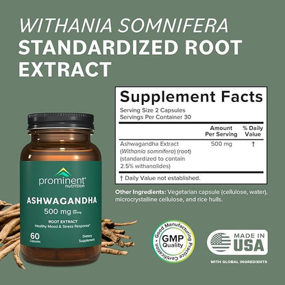 Prominent Nutrition Ashwagandha Supplement - Clinically Researched Shagandha® Root Extract for Healthy Mood & Stress Support, Standardized to 2.5% Withanolides, 500 mg, 60 Vegan Capsules