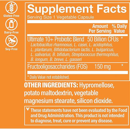 The Vitamin Shoppe Ultimate 10+ Probiotics, 50 Billion CFUs for Digestive Health, Immune Support and Respiratory Health (30 Vegetable Capsules)