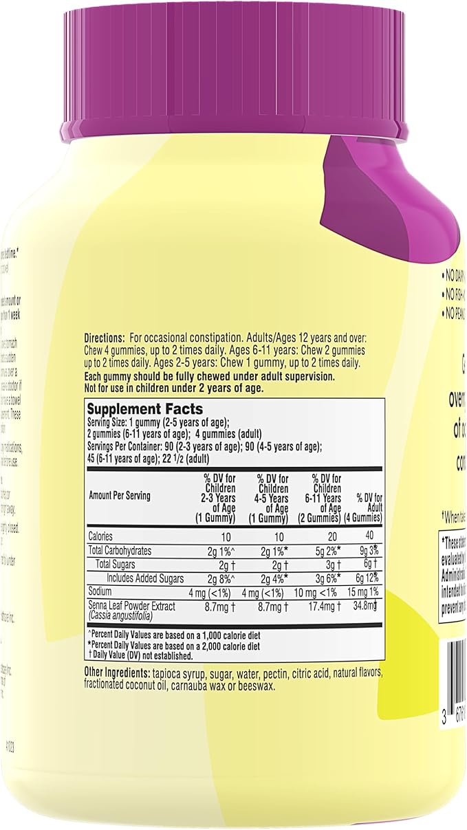Senokot Dietary Supplement Laxative Gummies, Natural Senna Extract, Gentle, Overnight Relief from Occasional Constipation, Mixed Berry Flavor, 90 Count