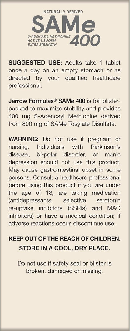 Jarrow Formulas SAMe 400 mg, Supports Joint Health, Liver Function, Brain Metabolism, 60 Tablets, Up To a 60 Day Supply
