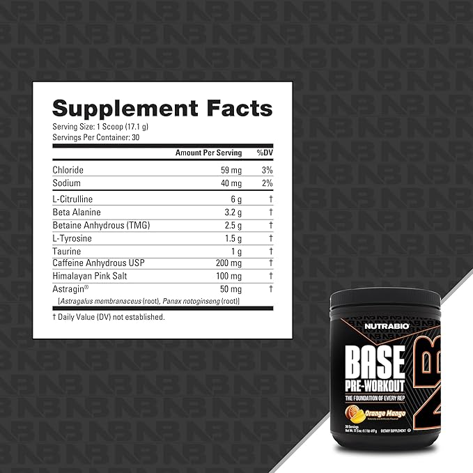 NutraBio Base Pre-Workout Powder 200mg Caffiene, Sustained Energy, Focus, Endurance, Pump, Sugar Free, Clean Preworkout for Men and Women - Beta Alanine, L-Tyrosine, 30 Servings - Orange Mango