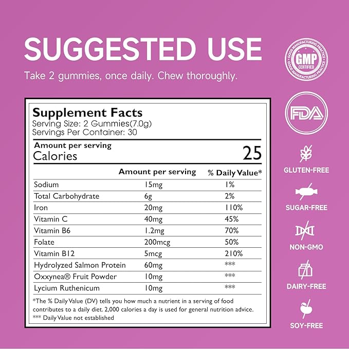 Heme Iron Supplement Gummies for Women Anemia Men with Vitamins C B12 B6 Folate Salmon Peptides Sugar-Free Non-Constipating Red Grape Flavor Women's Multivitamin with Gentle Iron 60 Count