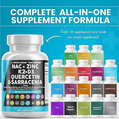 Clean Nutraceuticals NAC Supplement N-Acetyl Cysteine Vitamin D3 K2 Zinc Quercetin Sarracenia Purpurea with Elderberry Holy Basil Bee Propolis Bromelain L-Lysine (2)