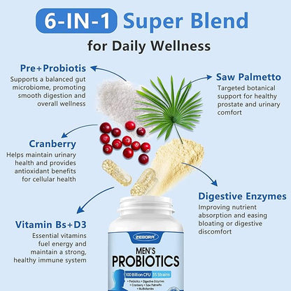 ZEBORA Probiotics for Men 100 Billion CFU - Probiotics for Digestive Health, Men's Probiotic Supplement, Prebiotics & Enzymes, for Prostate Health with Saw Palmetto | 90 Veg Capsules